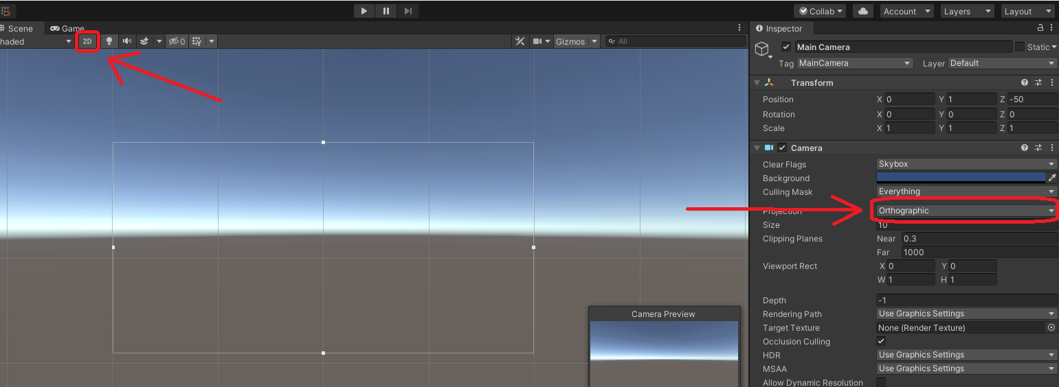 Opções da câmera no Unity